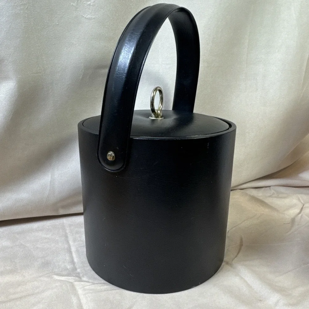 Vintage Black Faux Leather Ice Bucket with Lid‎ and Handle Mid Century Barware